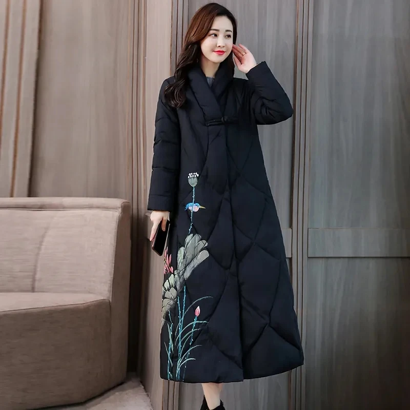 

2023 New Vintage Print Cotton Coat Womens Winter Down Cotton Jackets X-Long Padded Overcoat Women Thicken Warm Cotton Parka Coat