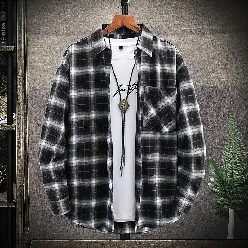 Male Clothing New High Quality Soft Youth Men's Linen Loose Square Collar Cardigan Lattice Shirt All-match Fashion Simple Casual