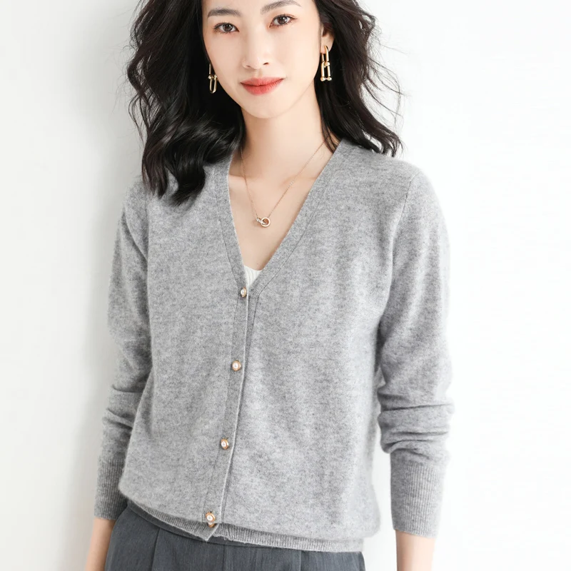 New Style Spring Autumn Cashmere Wool Women Sweater Casual Knit V-Neck Cardigan Warm Soft Wild High Quality Solid Color