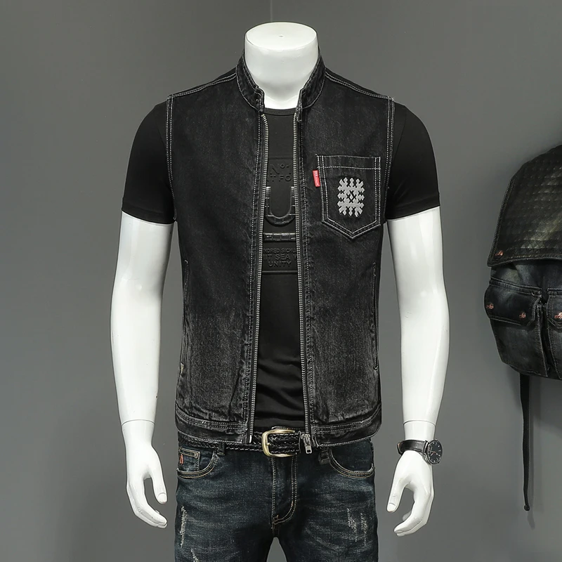 2022 Jean Jacket Men Denim Vest Coats Black Slim Stand-up Collar Zipper Sleeveless Motorcycle Style Waistcoat Coat Cowboy Brand