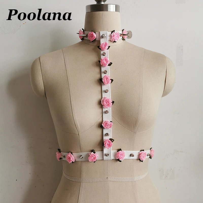 100% Handmade Cosplay Pink Rose Flowers Choker Belt attach to Waist Belt Cute Lolita Kawaii Harajuku Outfit Stage Performance