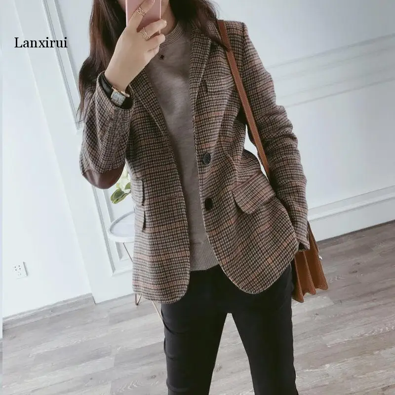 

British Style Slim women Plaid Blazers Patch Elbow Patchwork Women Classic Suit Coat Formal Lady Single Breasted Outwear