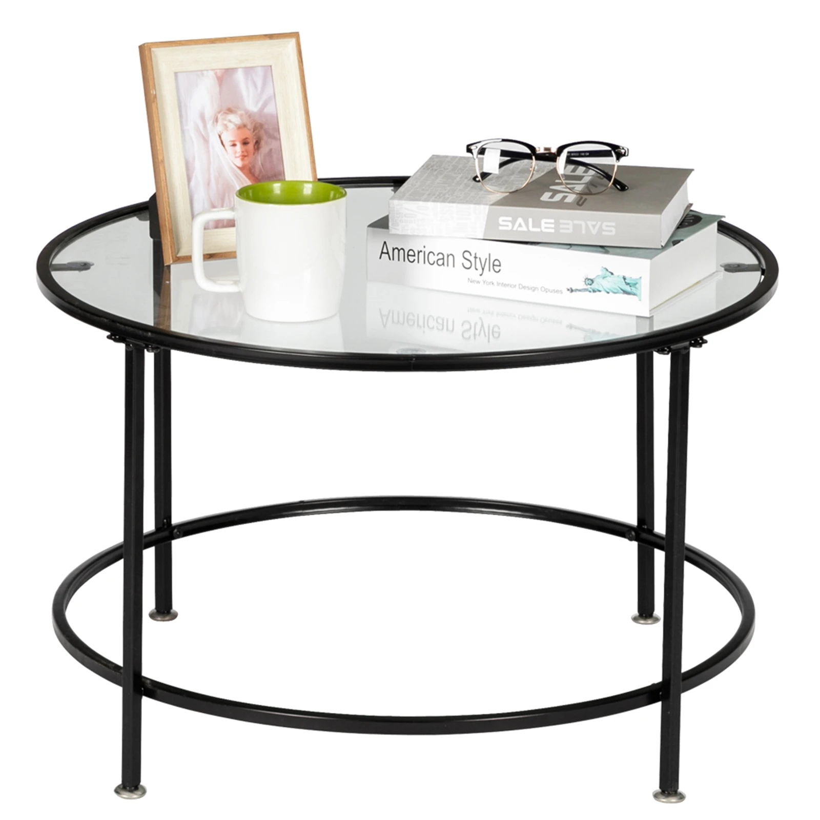 Artisasset 2 Layers 5mm Thick Tempered Glass Countertops Round Wrought Iron Coffee Table Black End Table Side Table