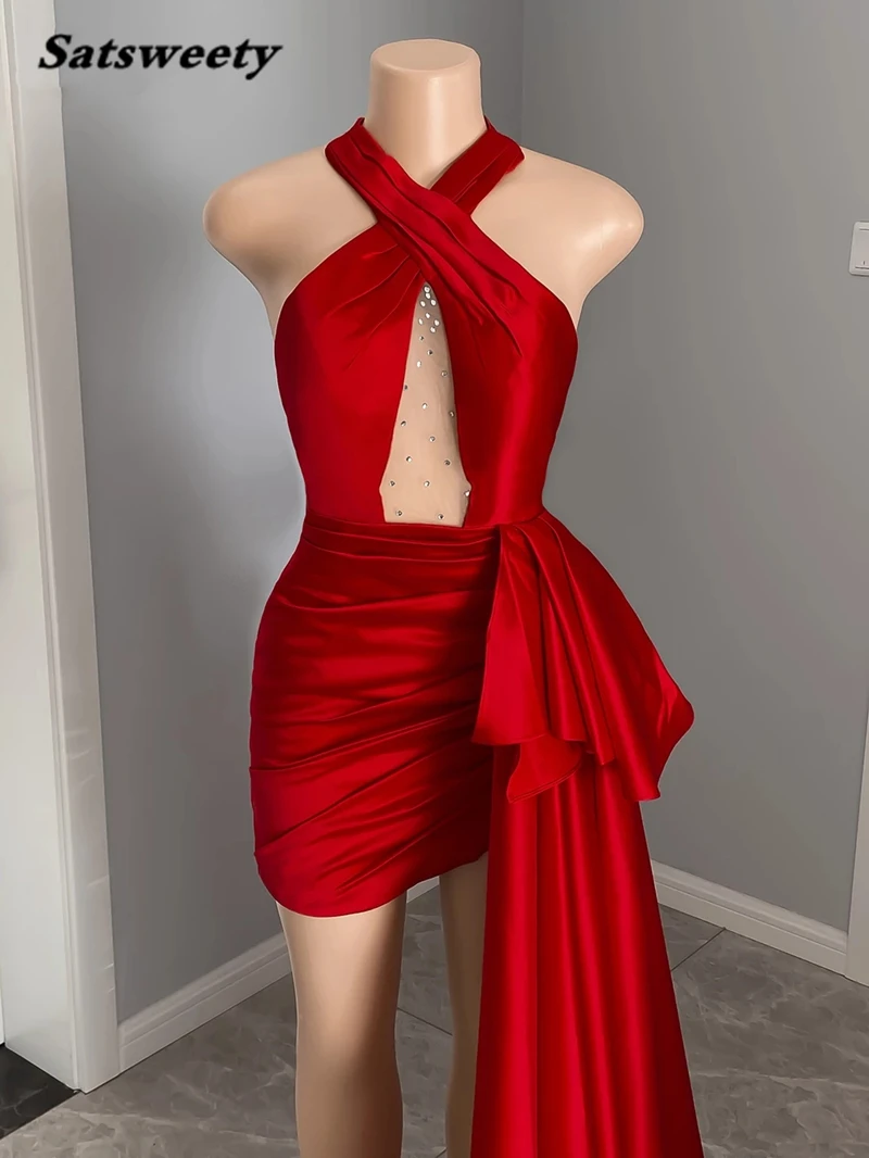 Red Evening Dress Halter Sexy Sleeveless Short Front Long Back African Women Unique Satin Formal Gowns