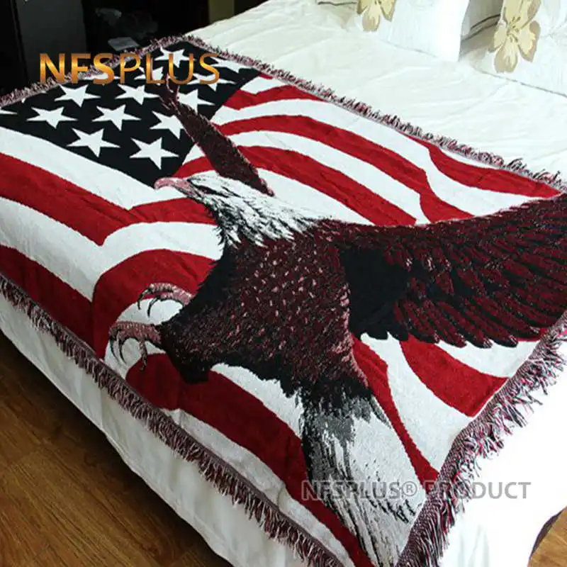 Knitted Throw Blanket With Tassels For Sofa and Bed 130x180cm Cotton USA Flag Eagle Designs Bed Spread Couch Covering Quilt