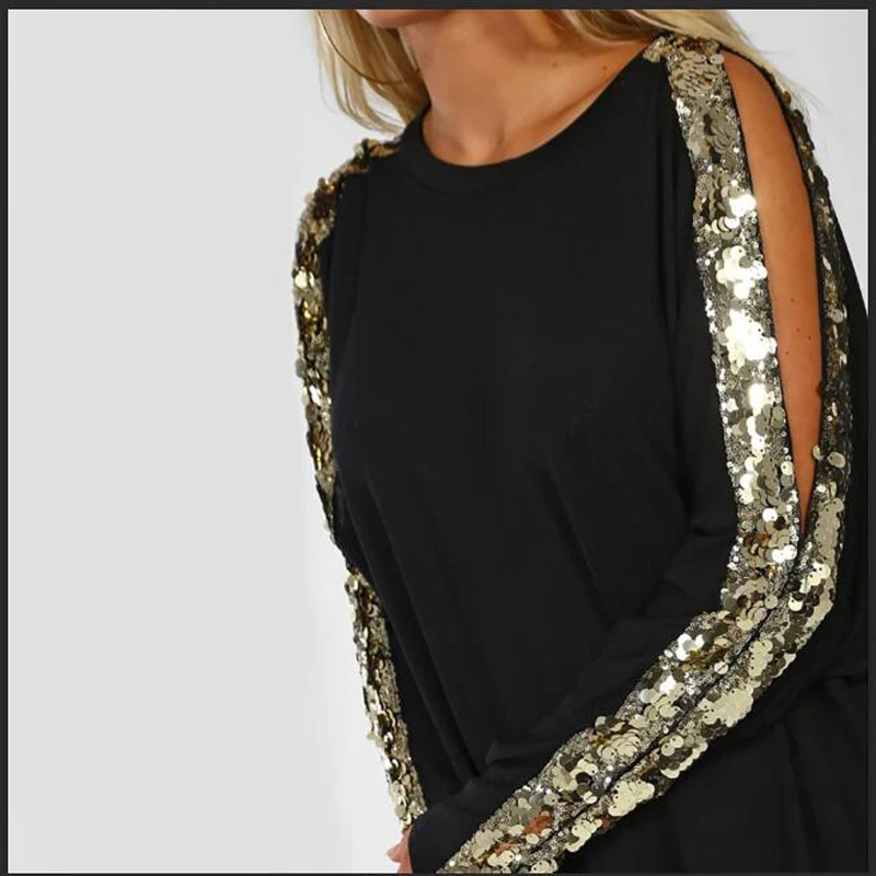 Babbytoro Women T Shirts Side Gold Glitter Sequins Beads Long Sleeve Top Tees Large Size 2xl Xl S Black Navy Ropas Ladies