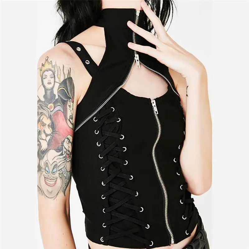 Women Short Tank Tops Gothic Sexy Chic Cool Slim Lace Up Party Club Goth Hip Hop Punk Rivet Female Black Tee