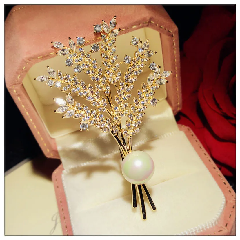 Vintage Jewelry Brooches For Women Wheat Cubic Zirconia Fine Brooch Luxury Imitation Pearls Corsage Pins Cardigan Button view 4