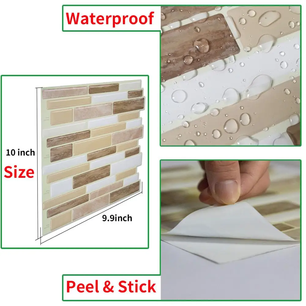 New Peel And Stick Tile Self Adhesive Wall Bath Kitchen Backsplash Beige 10 x 10 inch