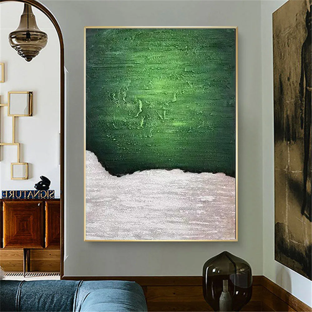 

100% Hand-Painted Oil Painting Modern Abstract Gold Foil Lines Green Canvas Paintings Decor Living Room Bedroom Wall Art Home