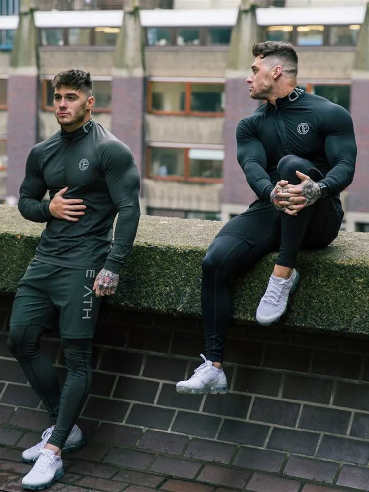 Men\'s Skinny Fitness 3 Pieces Sets Bodybuilding Cycling Stretch Tracksuits Tight Long Sleeve Sportswears+ 2 in 1 Leggings Pants