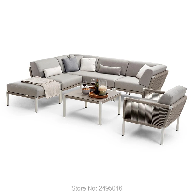 6-Person Aluminum Outdoor Sofa Set - Leisure Couch with Coffee Table & Cushions for Swimming Poolside, Balcony, Backyard