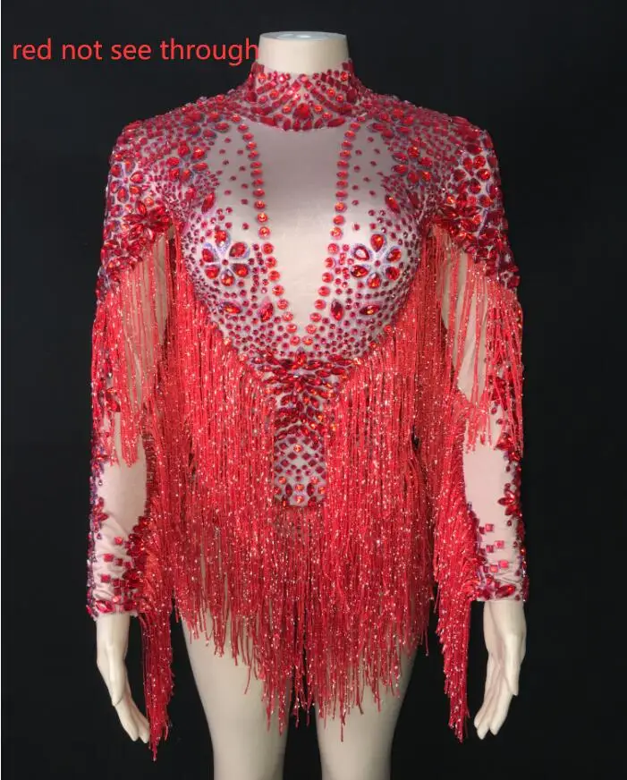 Blue Silver Rhinestones Transparent Fringe Bodysuit Birthday Celebrate Long Sleeves Dance  Women Singer Outfit shenlan