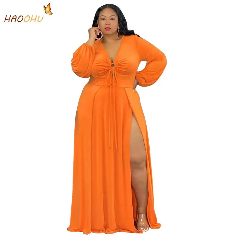 HAOOHU Sexy Split Hollow Lace Plus Size Dress autunno abbigliamento donna 2023 moda Casual manica lunga abiti da terra tinta unita