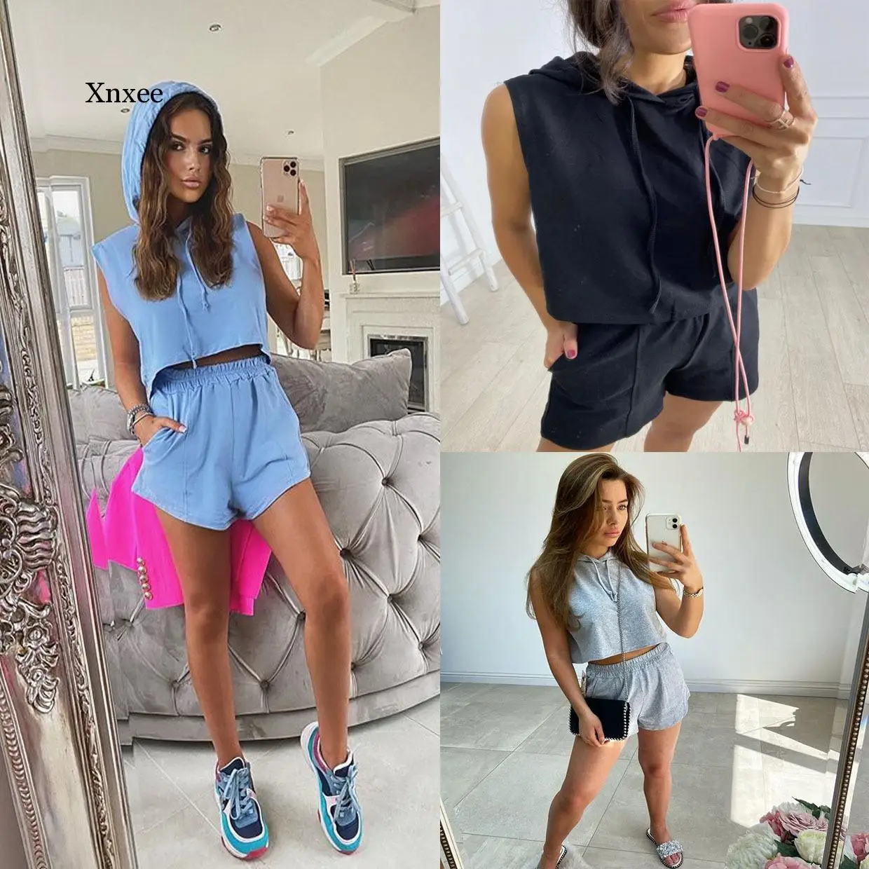 Casual women's Hooded two piece suit 2020 Summer New Elastic Waist Solid Color Leisure tracksuit Shorts Set women 2 piece set