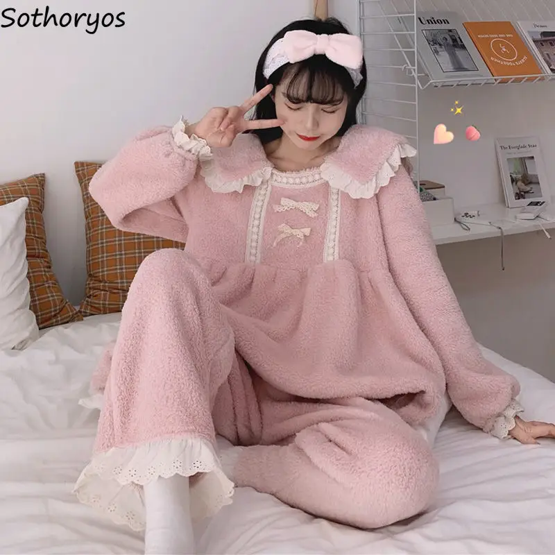 Lovely Pajama Sets Women Ins Homewear Flannel Warm Thick Lace Patchwork Chic Princess Slouchy Nightwear Lounge Female Loose Soft