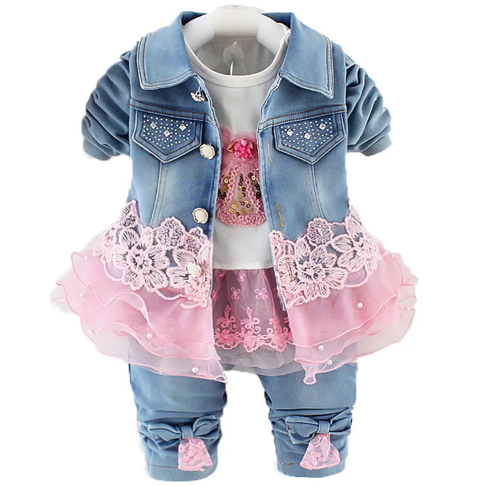 6 m-4 T bahar sonbahar bebek bebek kız Denim giyim setleri 3 adet uzun kollu T gömlek elbise Tops denim ceket ve kot pantolon