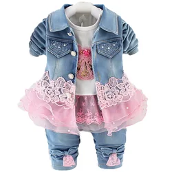 6 m-4 T Frühling Herbst Infant Baby Mädchen Denim Kleidung Sets 3 stücke Langarm T Shirt Kleid tops Denim Jacke und Jeans Hosen