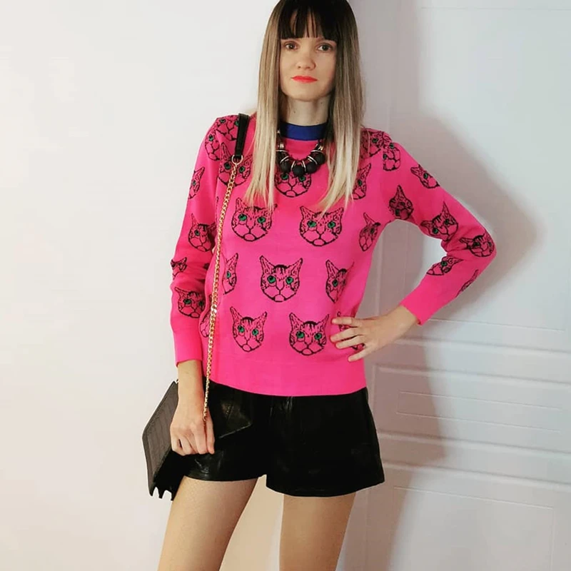 High Quality Runway Designer Cat Print Knitted Sweaters Pullovers Women Autumn Winter Long Sleeve Harajuku Sweet Jumper