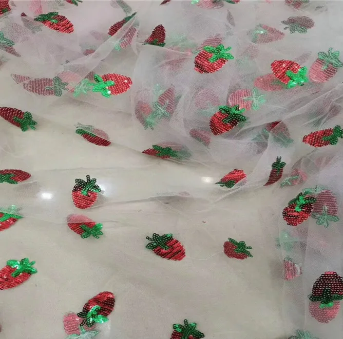 New Strawberry Sequined Embroidered Mesh Dress Children Clothing Chiffon Skirt Fabric Home Decoration