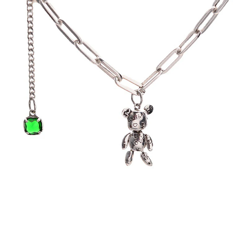 FOXANRY Stamp Bear Sweater Necklace for Women INS Fashion Elegant Green Zircon Pendant Necklace Bride Jewelry Gift