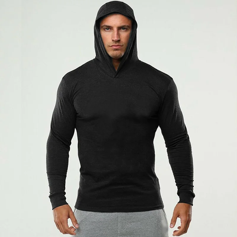 Brand Gym Clothing Solid Color Long Sleeve Hooded Slim Fit T Shirt Men Cotton Tee Shirt Bodybuilding Fitness Sportwear Tshirt