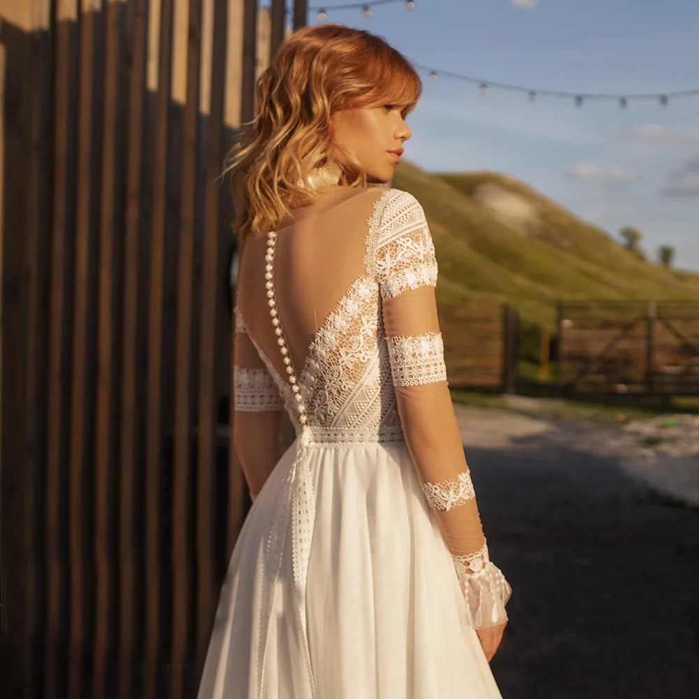 Robe de mariée en dentelle rustique, manches longues, ligne A, dos transparent, perles, personnalisé, Floral, fente haute, Tulle, robe de plage