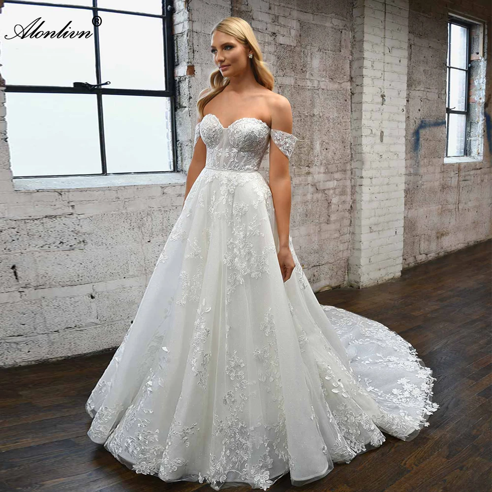 Alonlivn Elegant Sweetheart Ball Gown Wedding Dresses Off The Shoulder Appliques Lace Bridal Skirts