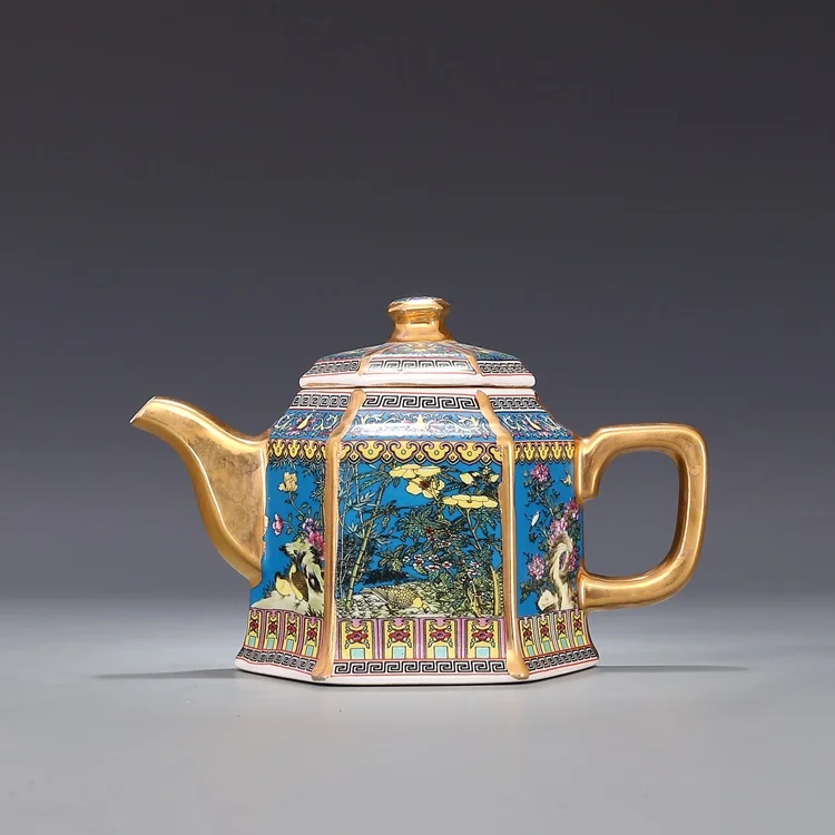 Jingdezhen Antique Qianlong Enamel Gold Teapot With Handle Hexagon Teapots With Flowers And Birds Pattern Ancient Ceramic Pot