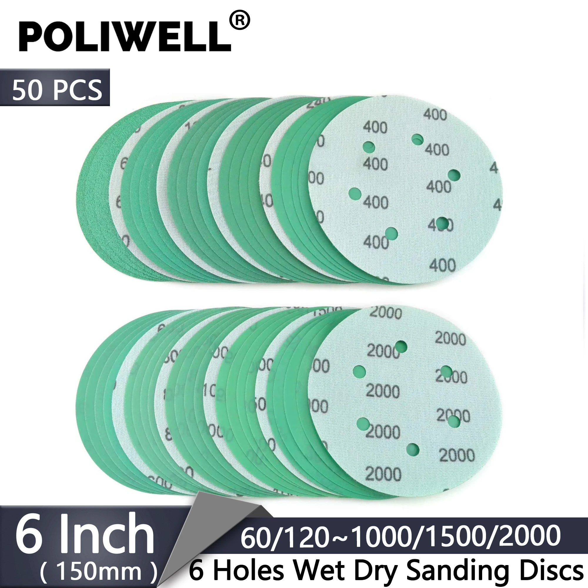 

50PCS 6 Inch 6 Hole Wet Dry Sanding Discs Hook and Loop Assortment Grit Green Film Dustless Sander Sandpaper for Polishing