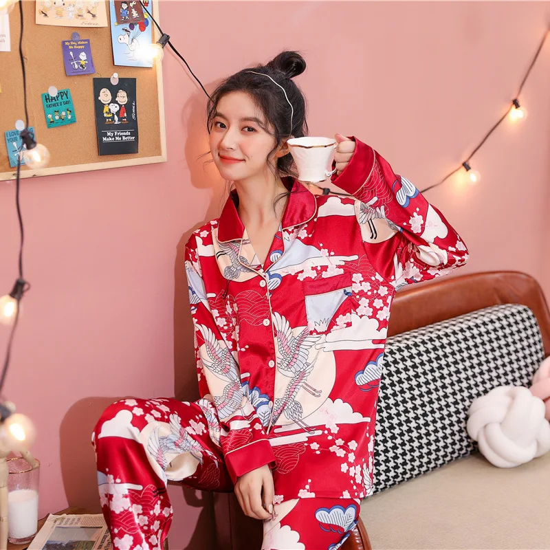 M-5XL Women Pajamas Sets Chinese Print Crane Pyjamas Suit Sexy Turn-Down Collar Nightwear 2PCS Rayon Summer Sleepwear