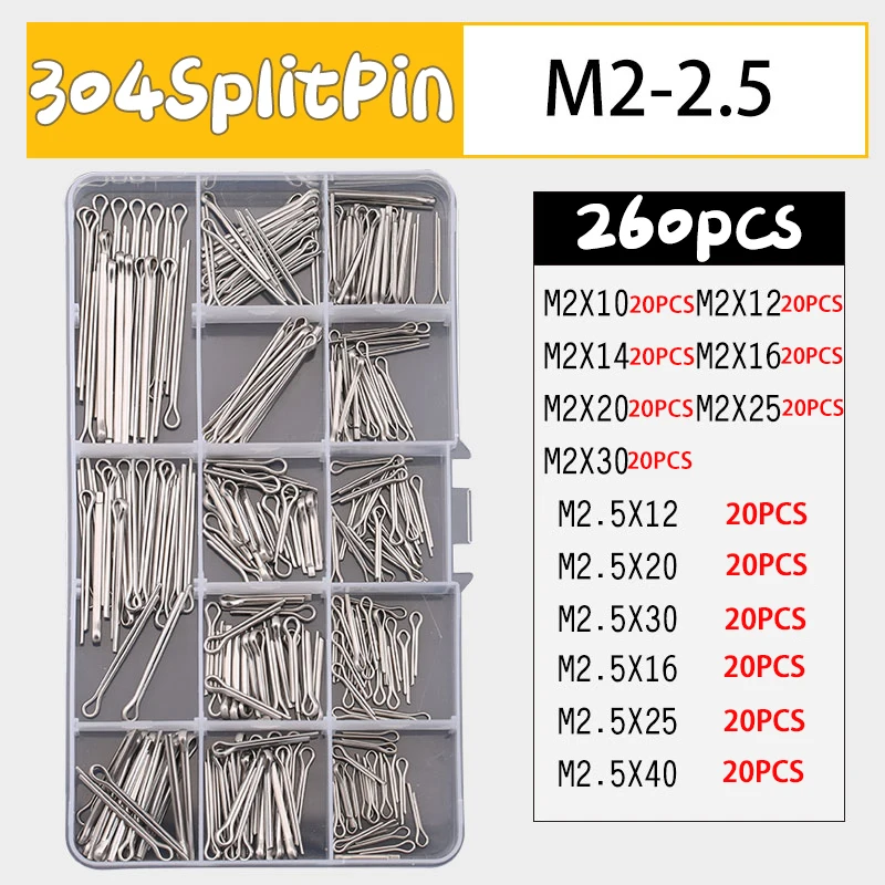 Cotter Pins Set 30/48/90/260Pcs Stainless Steel Split Pin Assortment Kit M2 M2.5 M3 M4 M5M6  Cotter Pins Set Tractor Pin for Car