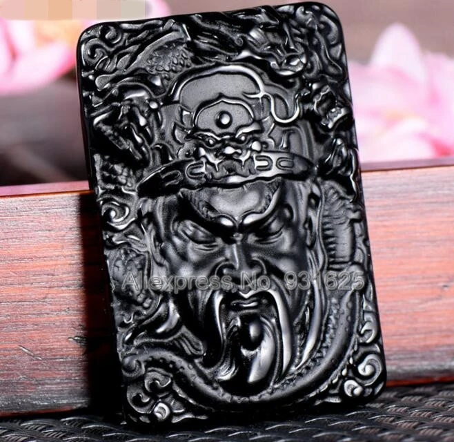 

Natural Black Obsidian Carved Chinese Handwork GuanGong Head Lucky Amulet Pendant Beads Necklace Fashion Charm Gift Jewelry
