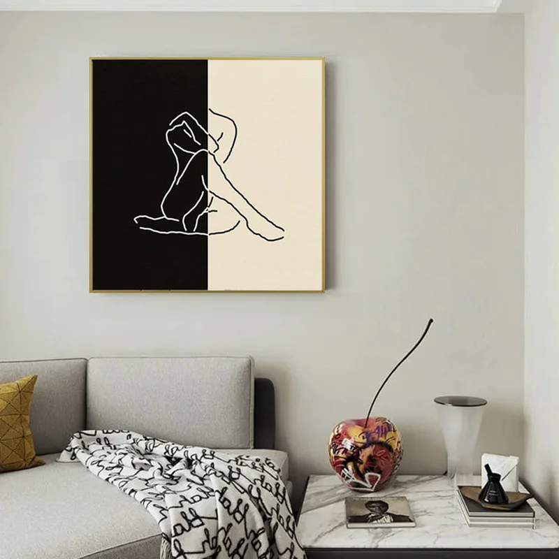 Abstract Simple Line Body Canvas Painting Black and Beige Minimalist Figure Poster and Print Picture for Living Room Home Decor