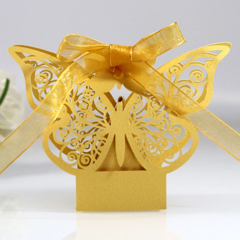 10/50/100pcs Butterfly Hollow Carriage Laser Cut Favor Box Gifts Candy Box With Ribbon Baby Shower Wedding Birthday Party Decor