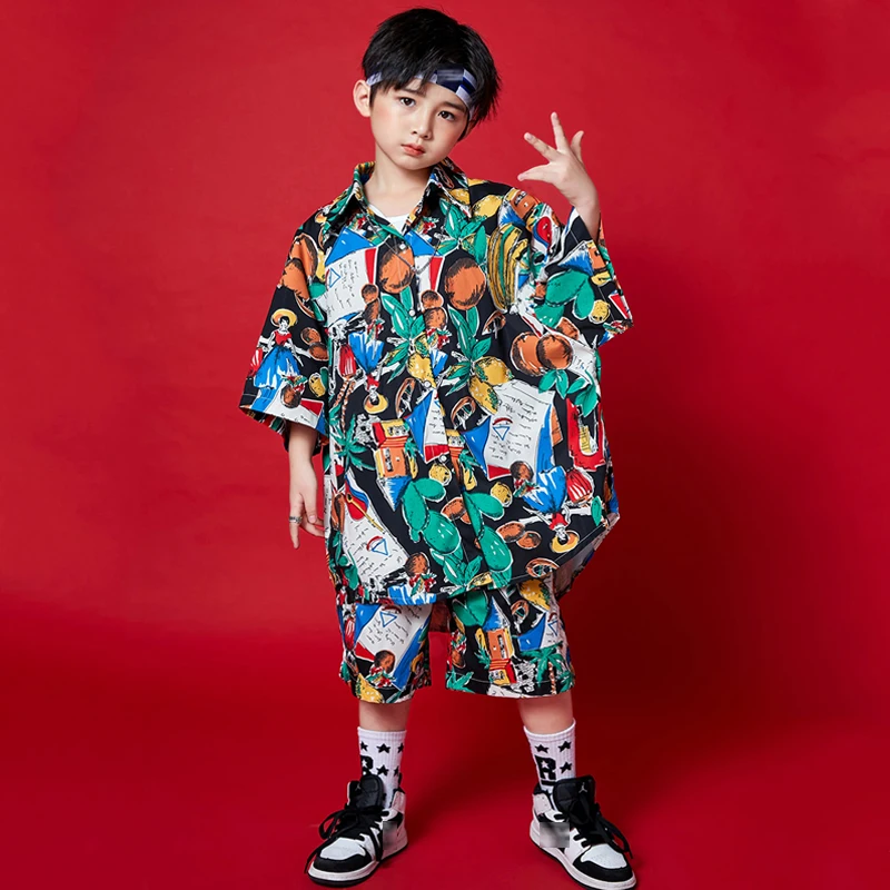 Children Tide Hip Hop Clothes Loose Short Sleeve Shirts Printing Outfit Boys Girls Hip Hop Performance Ballroom Dancewear BL6721