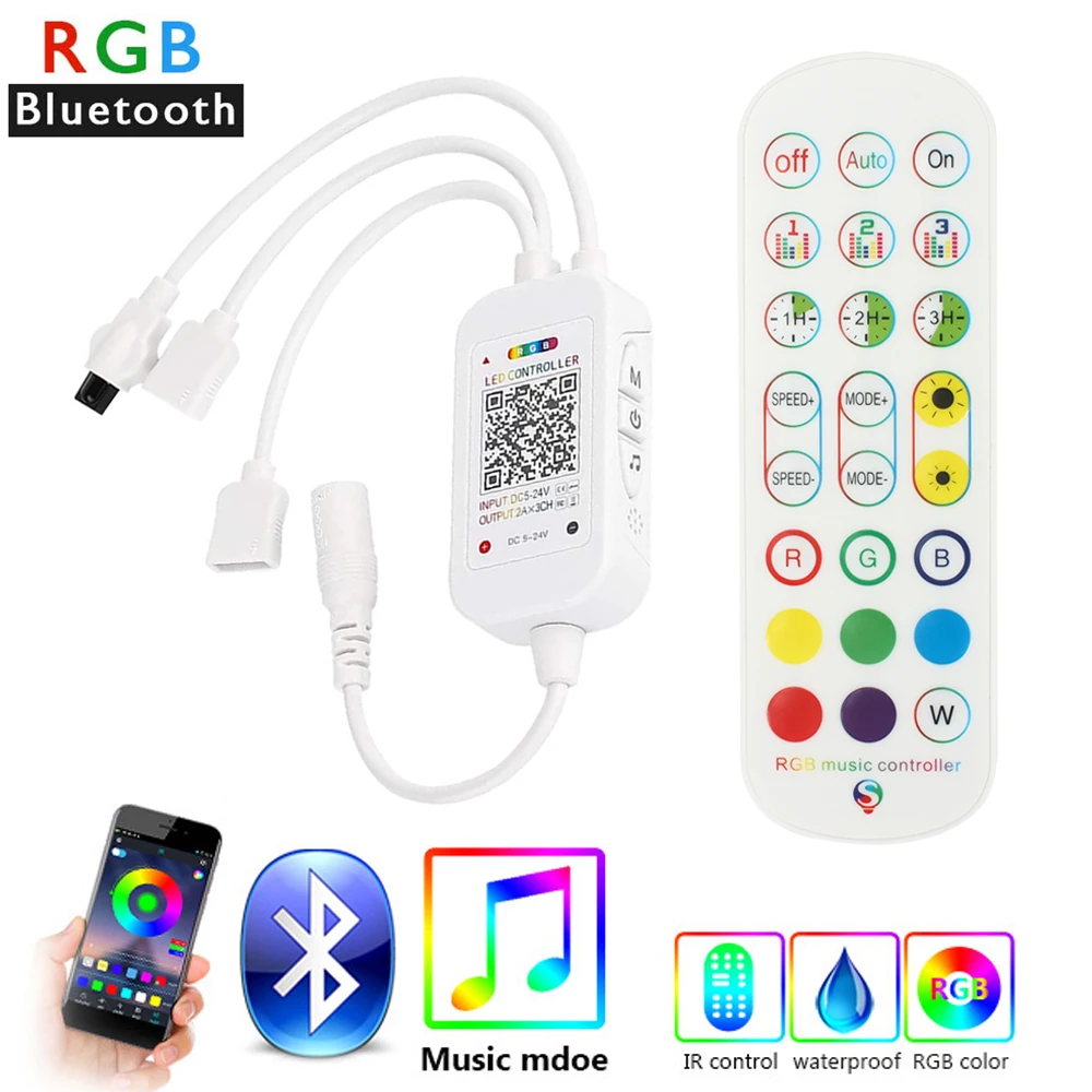 24Keys Remote Bluetooth RGB LED Lights Strips Music Controller Dual Outputs for LED Strips RGB SMD5050 DC 5V-24V APP Control