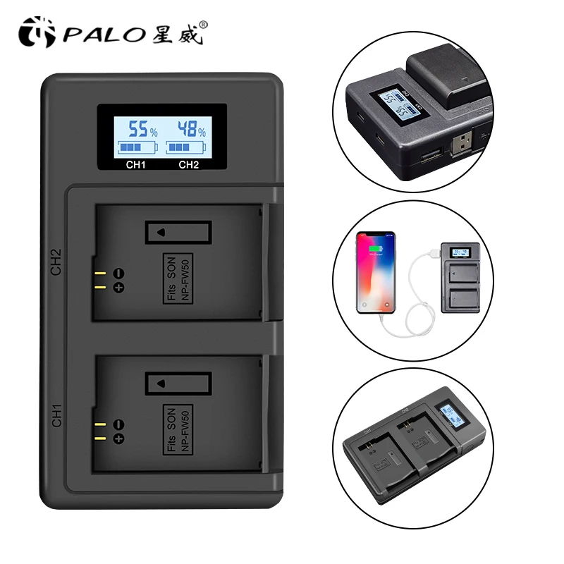 

PALO NP-FW50 NP FW50 LCD Display Li-ion Battery Charger 2-Slot for Sony A6000 A6400 A6300 A6500 A7 A7II A7RII A7SII A7S A7S2 A7R