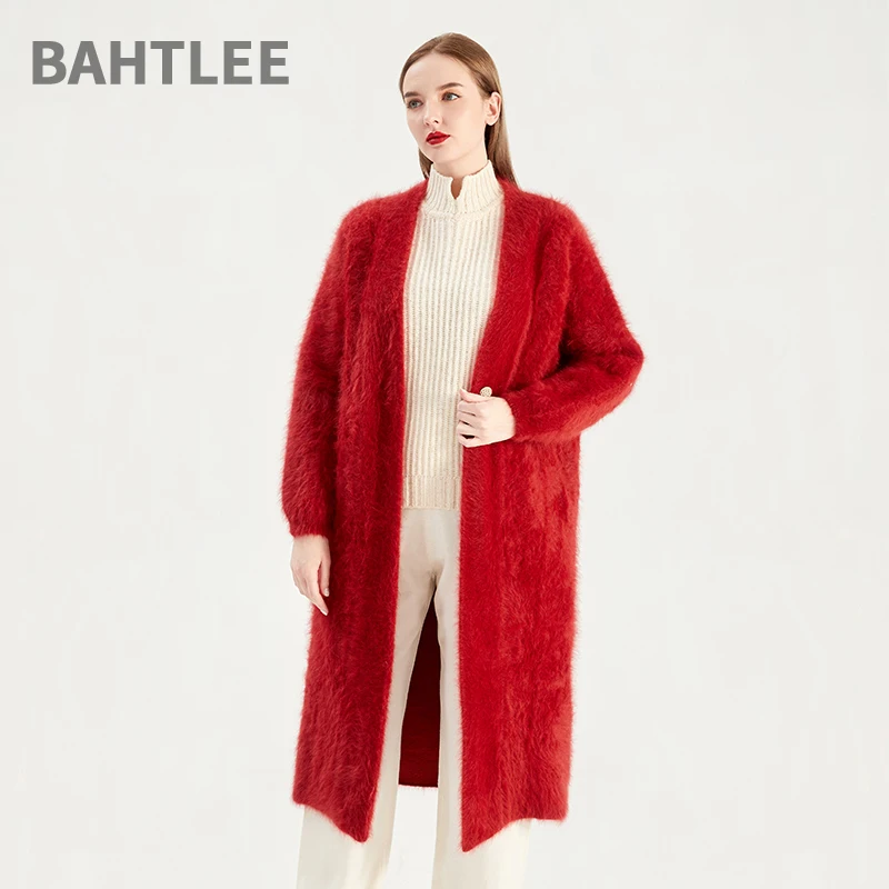 BAHTLEE-Women\'s Angora Long Thick Coat, Wool Cardigans, Knitted Jumper, Lantern Sleeves, V-Neck, Button, Winter