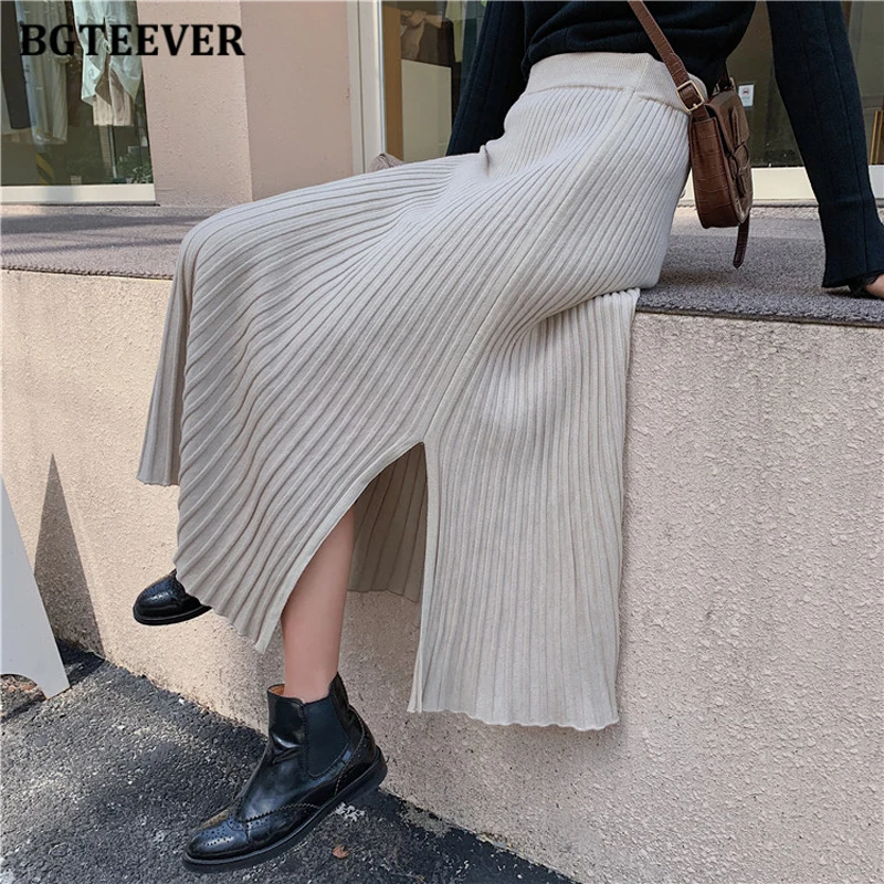 BGTEEVER Casual Elastic High Waist Female Knitted Midi Skirts 2021 Autumn Winter Loose Side Split Women Sweaters Pleated Skirts