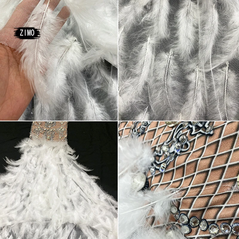 Elegancka brokatowa sukienka z kryształkami pióro seksowna wieczorowa impreza celebrytów urodziny sukienki z długim rękawem kostiumy sceniczne dla piosenkarzy