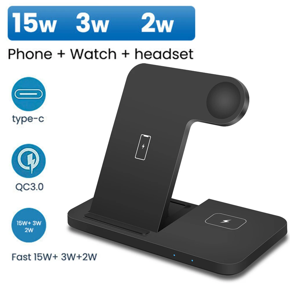 15W 3 in 1 Wireless Charger Stand for iPhone 15 14 13 12 11 XS XR Fast Charging Dock Station For Apple Watch 9 8 SE AirPods Pro