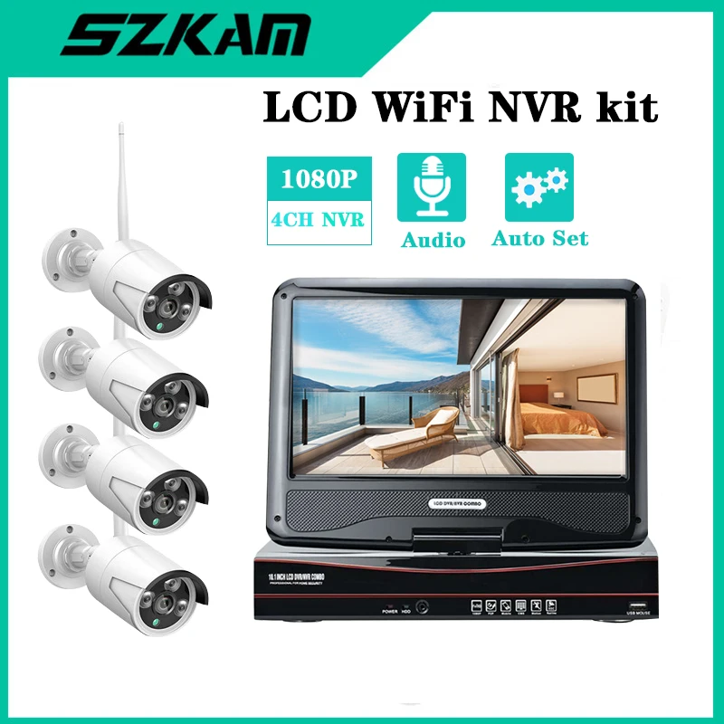 10 ''LCD Sem Fio Nvr wifi Kit 4CH 2MP Câmera de Vigilância de Rede Monitor Gravador 1080P HD Vídeo Áudio Sistema de Segurança CCTV