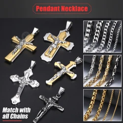 Davieslee Jesus Christ Cross Pendant for Men Gold Black Silver Color Mens Pendants Stainless Steel Paved Clear CZ Gifts LKPP3