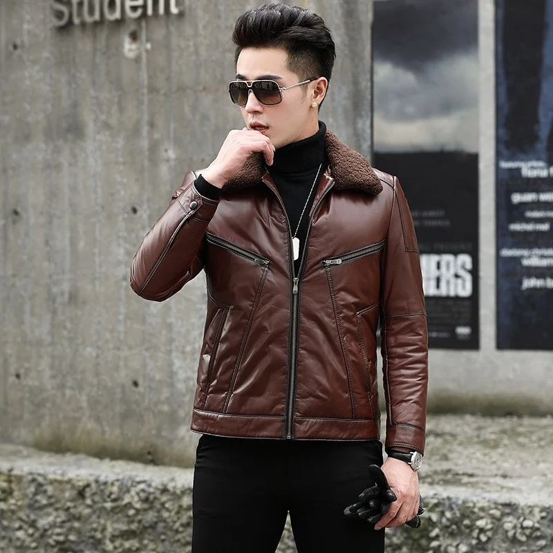 Wool Men Collar Cowhide Genuine Leather Jacket Winter Warm White Duck Down Coat Fashion Motorcycle Cow Leather Jacket Outwear