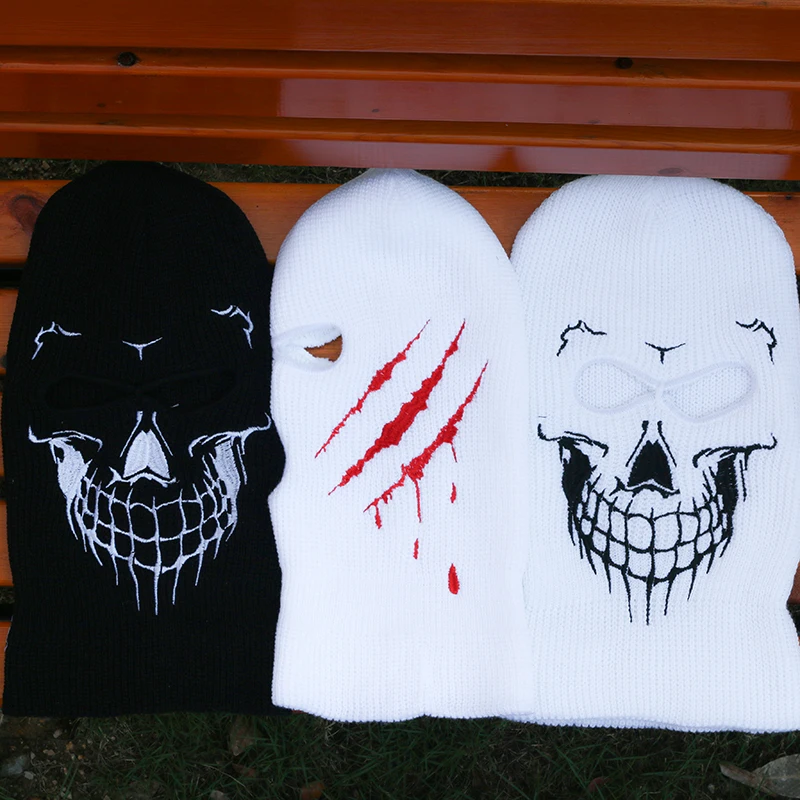 Skull Scratch Embroidery Three-hole Balaclava Knit Hat Army Tactical CS Winter Ski Riding Mask Beanie Prom Party Mask Warm Mask