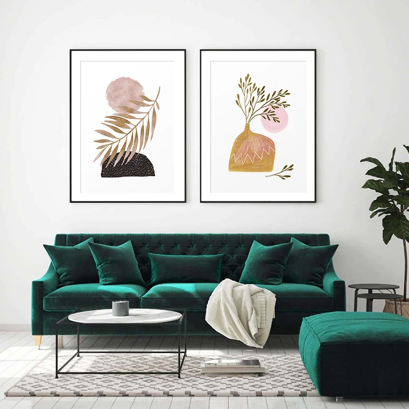Abstract Geometric Botanical Watercolor Leaves Poster and Print Mid Century Wall Art Picture Modern for Living Room Home Decor
