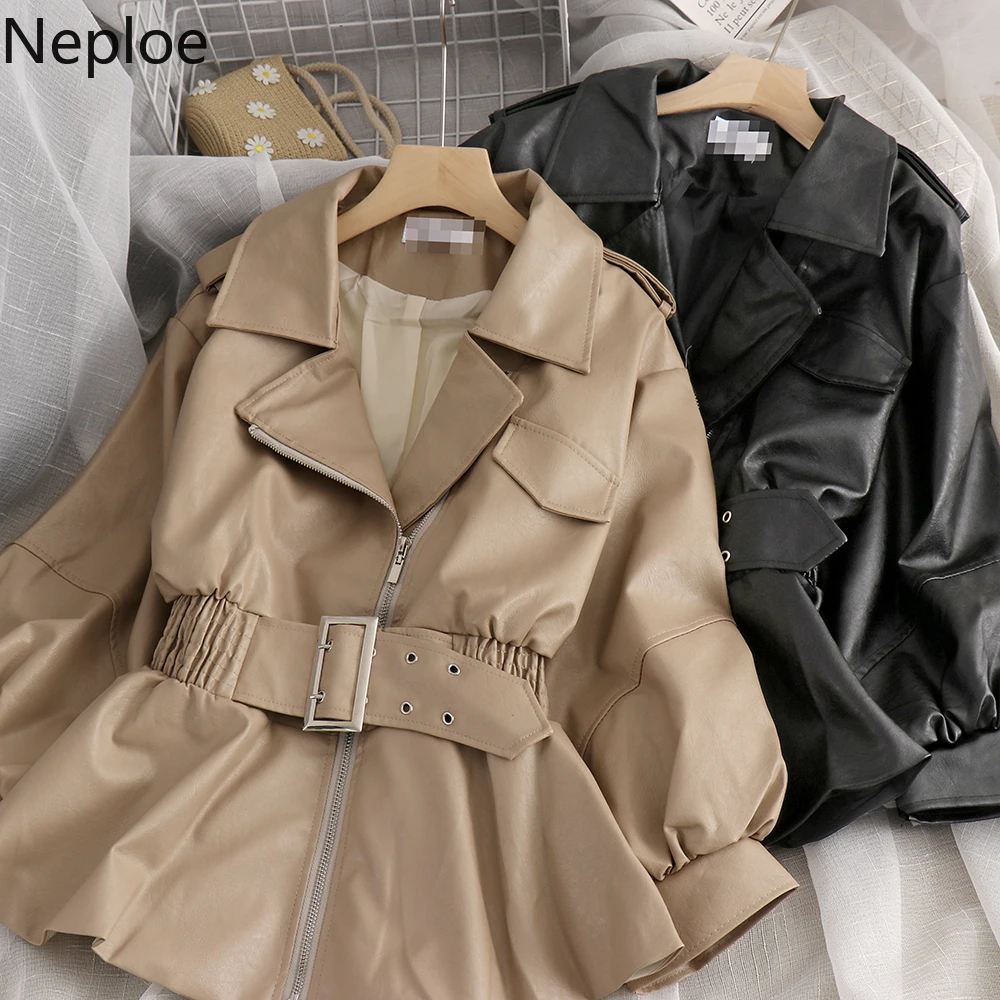 Neploe Fashion Faux Leather PU Coat Korean Style Turn-Down Collar Slim Outwear Full Autumn Women Leather Jacket with Belt