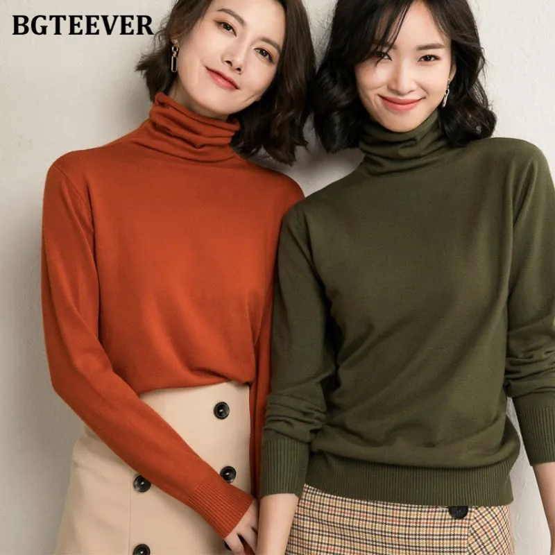 BGTEEVER Chic Turtleneck Knitted Female Pullovers Elegant Full Sleeve Slim Women Sweater 2021 Autumn Winter Women Knitwear Tops