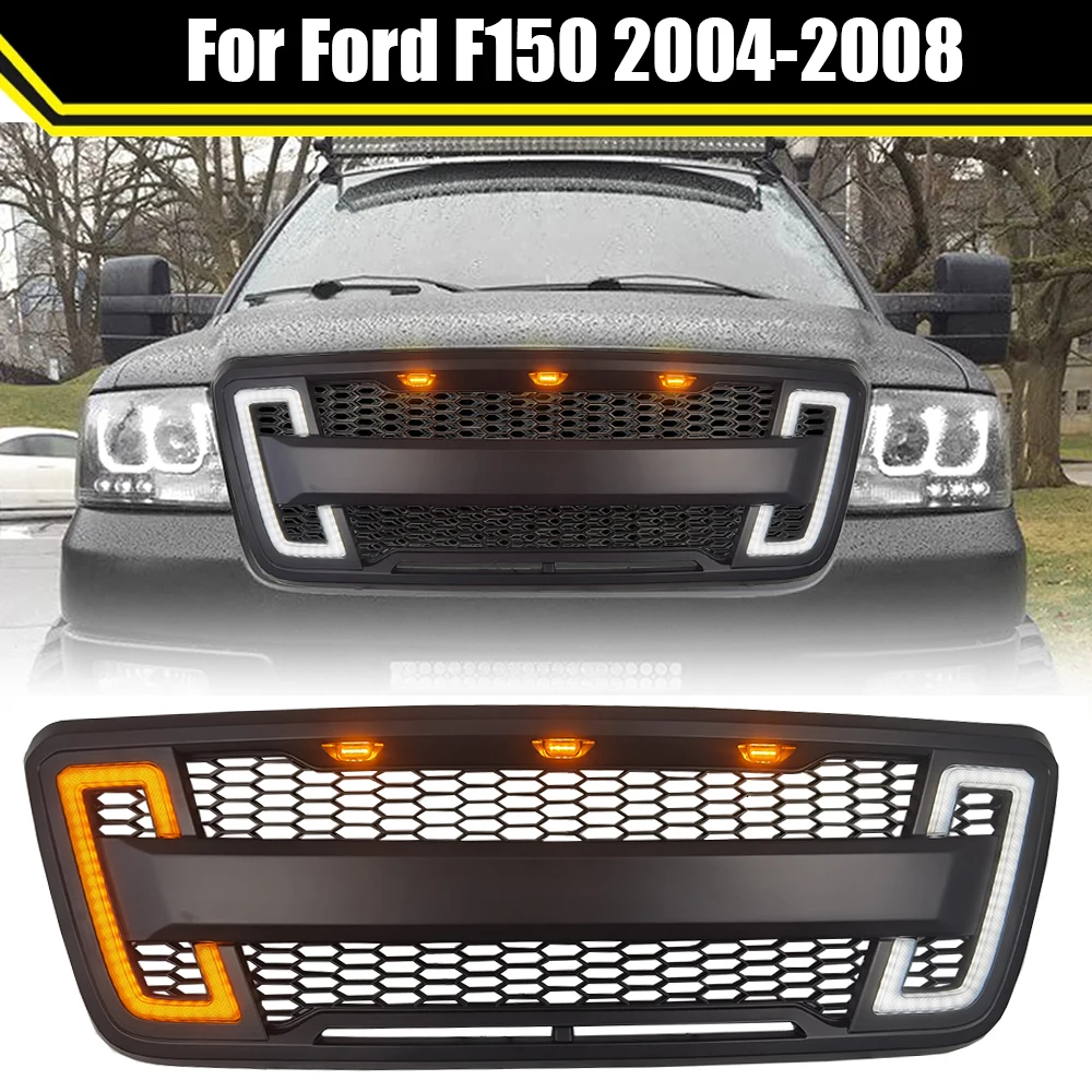 

4x4 Modified Parts Front Racing Grills With LED Turn Light Fit For Ford F150 2004-2008 Matte Black Raptor Grille Bumper Grill